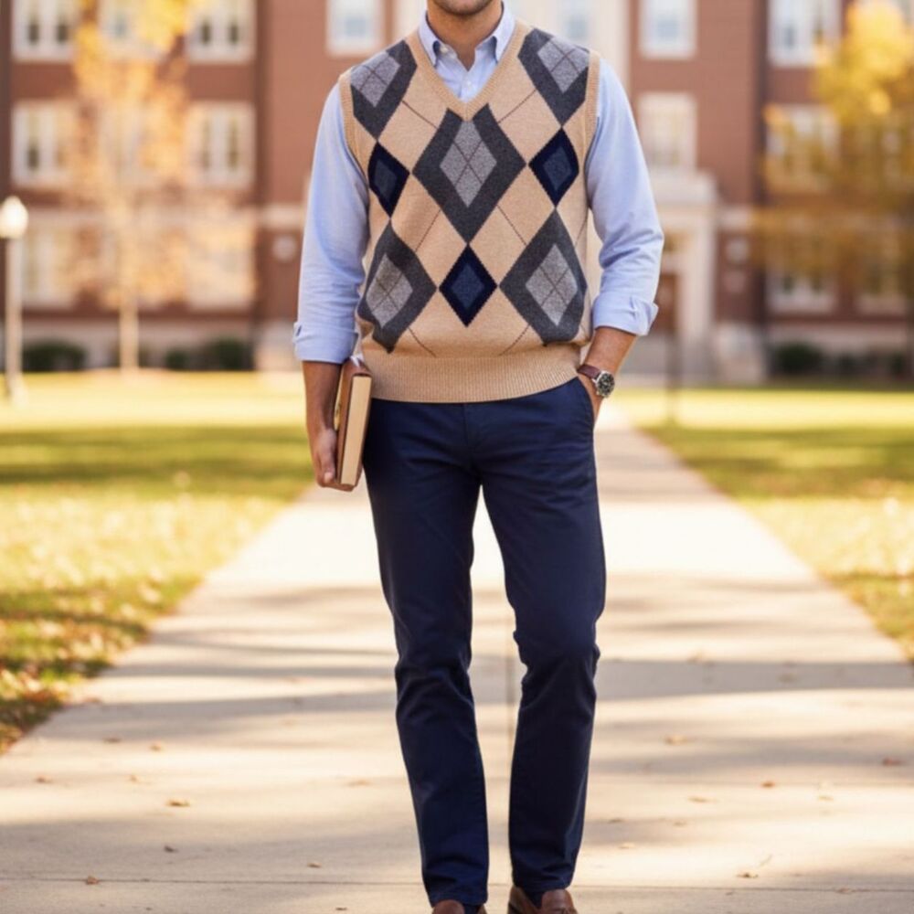 Vintage Lord & Taylor Preppy Argyle Print Wool Sweater Vest Size L